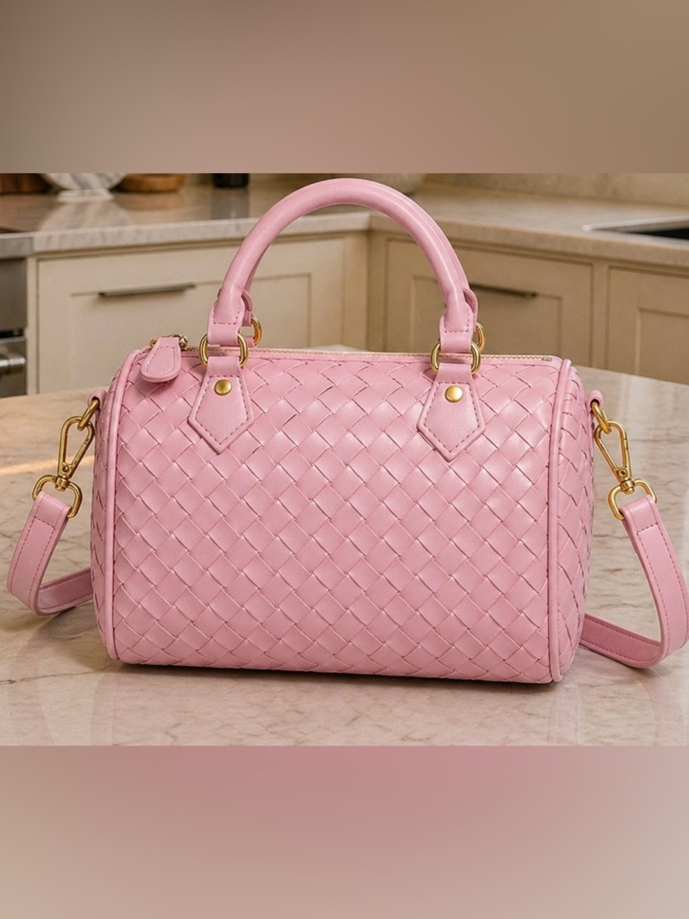 Pink Woven Satchel Handbag